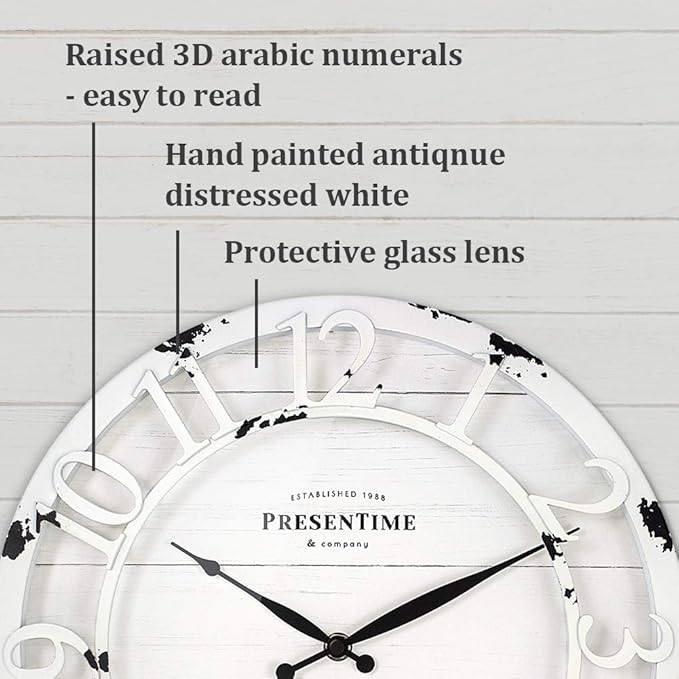 Presentime & Co 13" Farmhouse Series Wall Clock, Quartz Movement, Shiplap Style, Raised 3D Arabic Numeral, Antique Distressed White