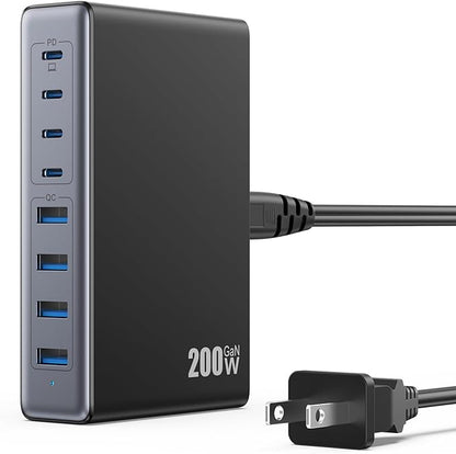 200W USB C Charger Block,GaN IV Charging Station 8 Ports,QC4.0 Fast Charging Station Hub+PD 65W USB C Laptop Charger Adapter Compatible with MacBook Air/Pro,DELL,iPhone 17/16/15,iPad,Steam Deck-Black