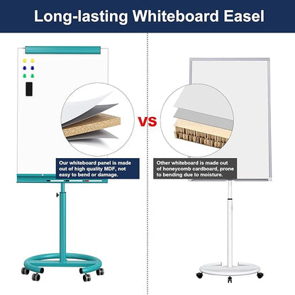 TSJ OFFICE Rolling Whiteboard Standing - 40 x 26 Inches Magnetic Mobile White Board with Stand, Height Adjustable Dry Erase Board on Wheels with Paper Clamp on Top, Blue