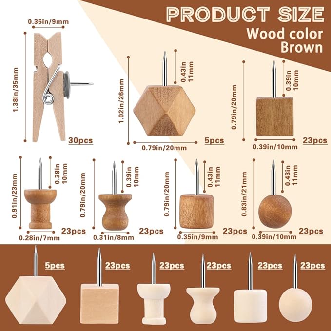270 Pcs Wood Push Pins, 2 Colors and 7 Types Decorative Thumb Tacks Wooden Head Pin Marking Pin, Wood Thumb Tacks Decorative for Bulletin Boards Craft Projects with Storage Box