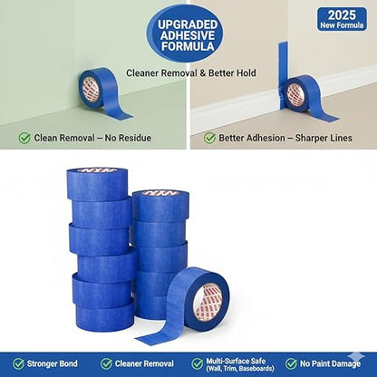SWRT Blue Painters Tape 2 Inch Wide – 12 Rolls x 55 Yards (660 Total Yards), Clean Removal Masking Tape for Sharp Paint Lines on Walls, Trim & Baseboards, Easy Tear for DIY & Home Renovation Projects