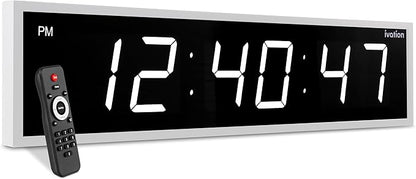 Ivation Huge Oversized 60" Large Digital LED Clock | Big Digital Clock w/Multi-Function Display – Stopwatch, Timer, Alarms, Temp & Date | 6 Brightness Levels, Time Memory & Remote (White)
