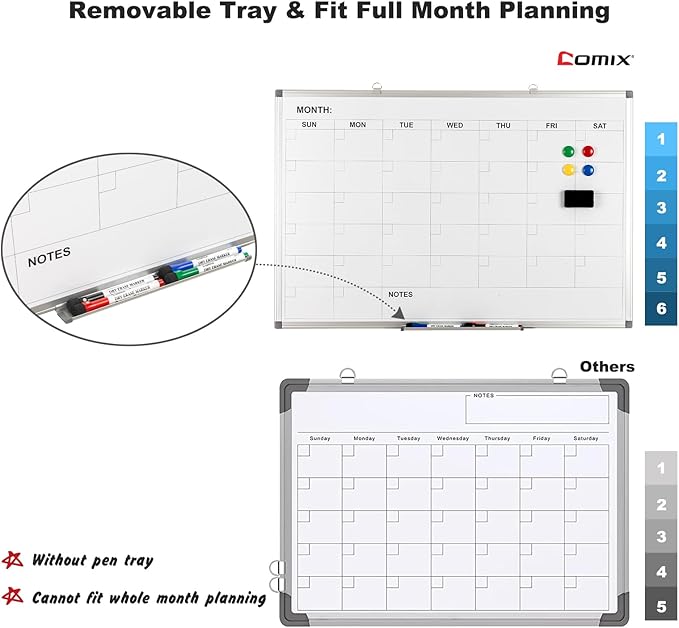 Comix Magnetic Dry Erase Calendar Whiteboard, 36 x 24 Inches Monthly Calendar Dry Erase Board for Wall, Aluminum Frame Planner White Board with Dry Erase Markers, Eraser, Magnets