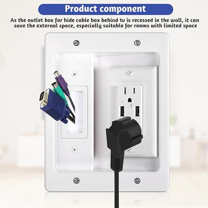 in Wall Cable Management Kit with Brush Wall Plate, AC Outlets & USB Ports, Recessed Outlet Box, for Walls Mount TV with Cable Management Box, in Walls TV Connection Kit for Home Theater Systems