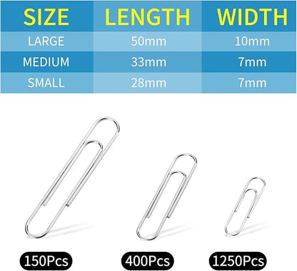 1800 Paper Clips Assorted Sizes Large, Medium and Small, Durable and Rustproof, Paperclips for Office School and Personal Use, Office Supplies Document Organizing (50mm, 33mm, 28mm) (Silver)