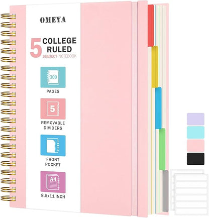 Spiral Notebook 8.5" x 11", 5 Subject Notebooks College Ruled with Dividers | 300 Pages 100GSM Thick Spiral Writing Journal for Women & Men, Large A4 Lined Journal Notebooks for Work, School Supplies