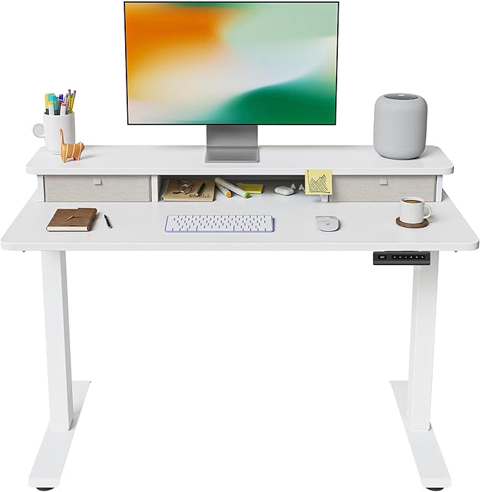 FEZIBO 40 x 24 Inch Height Adjustable Electric Standing Desk with Double Drawer, Computer Desk, Home Office Stand Up Table with 4 Height-Adjustable Feets & 2 Hooks, White