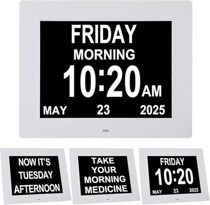 TMC 8 Inch Digital Dementia Clock for Seniors, Large Calendar with Day Date & Week Display, 5 Alarms + 3 Medicine Reminders, Plays SD Card Video, Wall Mountable, Detachable Stand (White, SD)