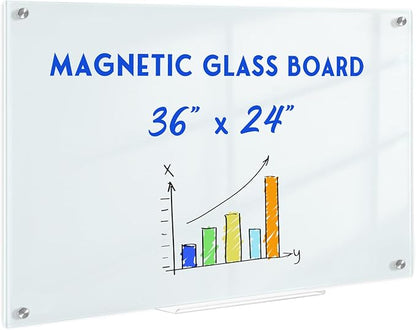 Magnetic Glass Whiteboard for Wall, 36" x 24" Glass Dry Erase Board, Large Frameless White Board for Home and Office with 1 Marker Tray - Normal White