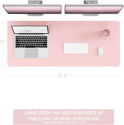 YSAGi Non-Slip Leather Desk Pad Long Size, Waterproof Laptop Computer Desk Keyboard Mat, Table Protector Blotter Mat, Large Mouse Pad for Office/Work/Home/Decor(Pink, 47" x 17")