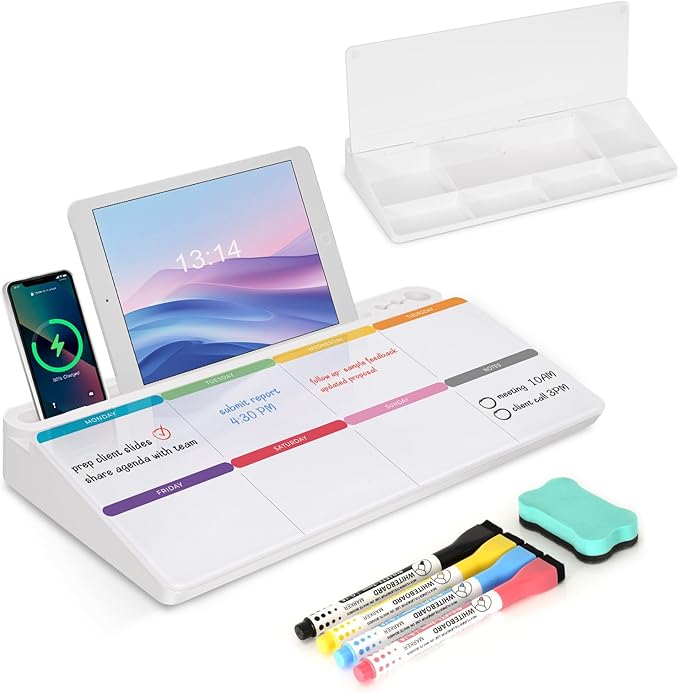 Desktop Glass Whiteboard with Storage, Colorful Weekly Calendar Desk Dry Erase White Board, Desk Organizers and Accessories, Weekly Planner Board with Notes for Planning, Memo, Office, Home, School
