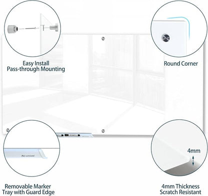 J&J worldwide Magnetic Glass Whiteboard 6' x 4' Ultra White, Large Frameless White Boards for Walls 72 x 48 Inches, Large Dry Erase Board for Office, Home, School