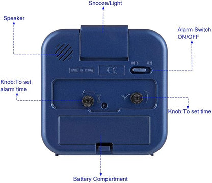 Tinload Small Battery Operated Analog Alarm Clock Silent Non Ticking, Ascending Beep Sounds, Snooze,Light Functions (Blue)
