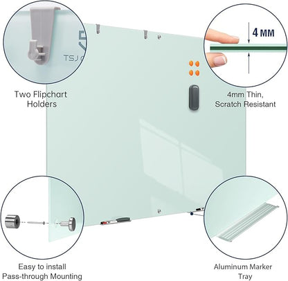 TSJ OFFICE Glass Dry-Erase Board - 72 x 48 Inches (6' X 4') Wall Mounted Glass Magnetic Whiteboard, Extra Large Frameless White Board for Office, Home & School