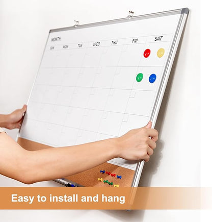 Comix Dry Erase Calendar Whiteboard Corkboard Combo, 36 * 24 inch Monthly Calendar and Bulletin Board Combination for Wall, Aluminum Frame Planner with Dry Erase Markers, Magnets, Push Pins