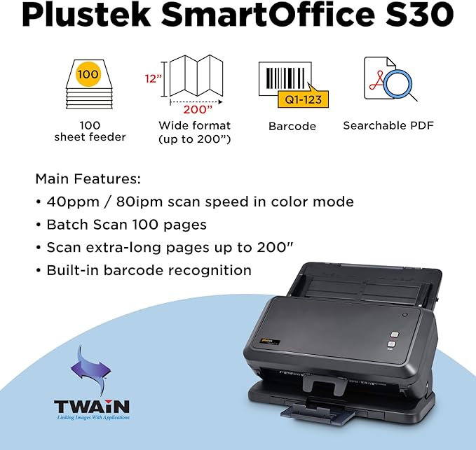 Plustek Wide-Format Color Duplex Document Scanner S30, for Large-Format Document Scan, Scans Wide Up to 12" and Long Up to 200", 100-Sheet Duplex Auto Document Feeder