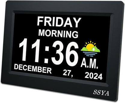 SSYA 7 Inch Calendar Clock - 12 Alarm Options, Level 5 Auto Dimmable Display,Extra Large Impaired Vision Digital Clock with Non-Abbreviated Day & Month (Black)