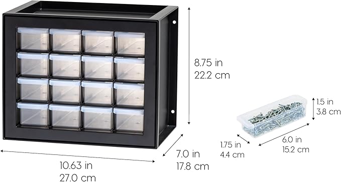 IRIS USA Small Plastic Drawer Organizer, 16-Drawer, Stackable Teacher Toolbox Crayon Small Parts Bead Building Bricks Screw Garage Desk Storage Cabinet, Drink and Water Flavor Packet Organizer, Black