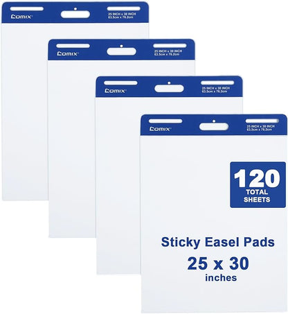 Comix Sticky Easel Pad, 25 x 30 Inches Flip Chart Paper for Teachers, Large Self Stick Easel Paper for Office School Classroom Supplies, 30 Sheets/Pad, 4 Pads/Pack