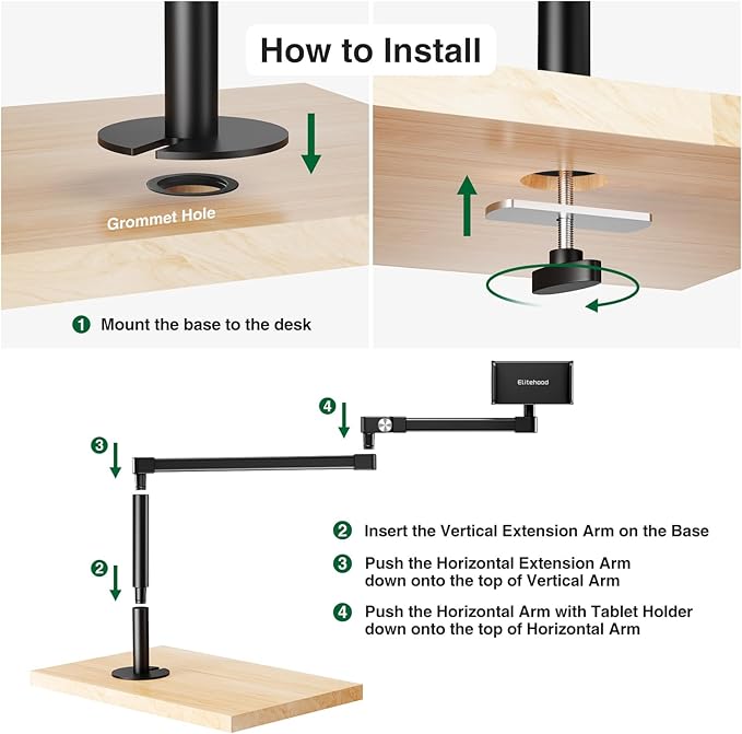 elitehood Long Arm iPad Desk Mount with Grommet Mounting Base, Heavy Duty Aluminum Tablet Holder for Desk, Swivel Arm Mount for iPad Pro 13/12.9 Air Mini, iPhone and 4.7-13in Tablets