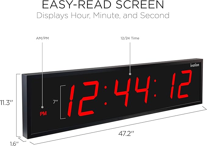 Ivation Huge Oversized 48" Large Digital LED Clock | Big Digital Clock w/Multi-Function Display – Stopwatch, Timer, Alarms, Temp & Date | 6 Brightness Levels, Time Memory & Remote (Red)