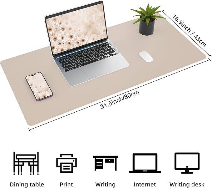 AFIING Leather Desk pad Protector, Large Non-Slip Office Desk Mat with Natural Cork & PU Leather, Waterproof Writing Mouse Pad for Office and Home (31.5in*17in,Beige)