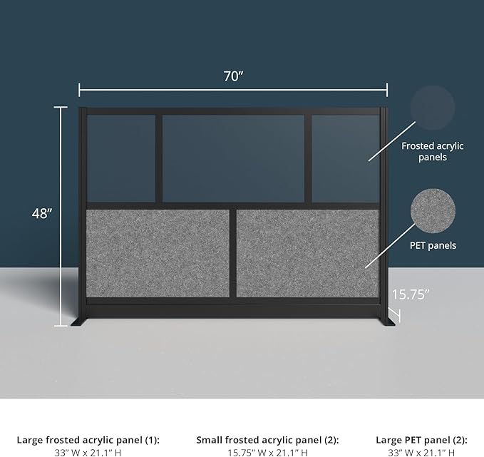 Stand Up Desk Store Expanse Modular Wall | 70'' x 48'' Wall | Expandable Partition Room Divider with Rearrangeable Frosted Acrylic & Sound Absorbent Panels (Black Frame)