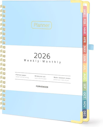 Forvencer 2026 Planner, Hardcover Calendar Planner Weekly and Monthly, Jan 2026 - Dec 2026, 6" x 8", Spiral Agenda Book with Tabs, Exquisite Daily Journal Organizer for Home School, Light Blue