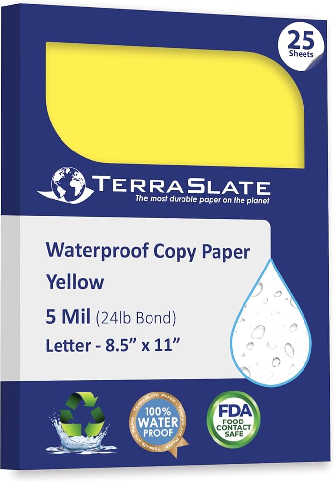 TerraSlate Waterproof Paper, Rip-Proof Colored Paper, Yellow, 25 Sheets, 5 Mil (24lb Bond), 8.5" x 11", Laser Printer and Copy Machine Compatible