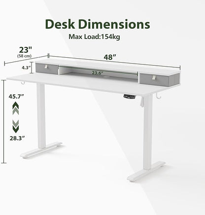 Agilestic 48 x 24 Inches Electric Standing Desk with 2 Storage Drawers, Adjustable Height Sit and Stand Computer Table with Splice Board, White