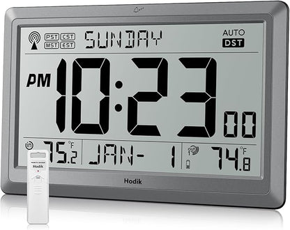 Wall Clock Atomic with Indoor Outdoor Temperature Battery Powered, Easy Reading with 10.5 Inch Large LCD Display, 330FT Range Table Wall Clock With DST, 12/24 Hour for Living Room Kitchen (Silver)