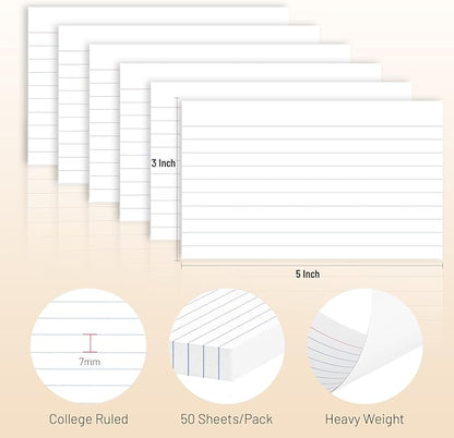 300 Count Index Cards 3 x 5 Inch Ruled White Index Cards, Flash Cards College Ruled for School, College, Office and Home Organization, Durable Study To Do List Note Cards with Ruled Lines