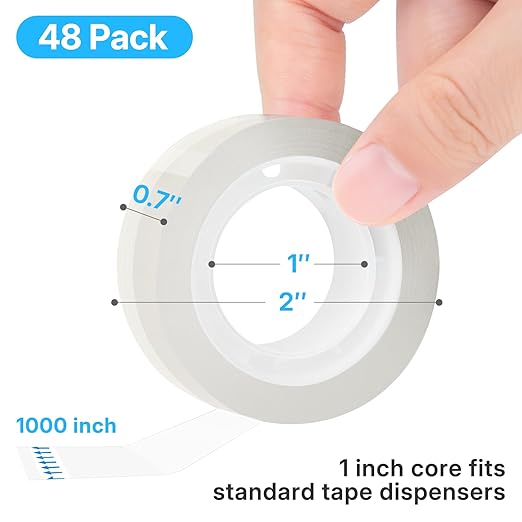 OWLKELA 48 Rolls Transparent Tape Refills, Clear Tape, All-Purpose Transparent Glossy Tape for Office, Home, School