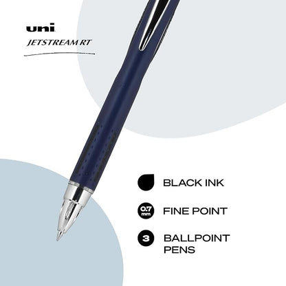 uniball™ Jetstream RT Ballpoint Pens, Black Ink, 0.7mm Fine Point, 3 Count | Retractable, Smooth Writing, Quick-Drying, Smear-Resistant, uni Super Ink™