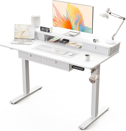 Kingant 48 x 24 Inch Electric Standing Desk with 4 Drawers, Height Adjustable Sit to Stand Computer Desk with Storage Shelf and C-Clamp Mount Compatibility for Home Office, White