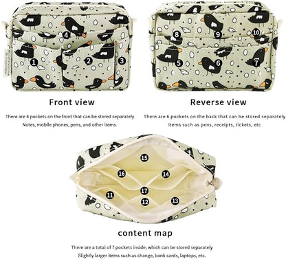 E-WEICHEN Multiple Pockets Portfolio Organizer with Zippered, Makeup Bag Travel Essentials for Women, Simple Waterproof Stationery Pencil Pouch Bag for Journal Office Art Supplies.Beige Bird