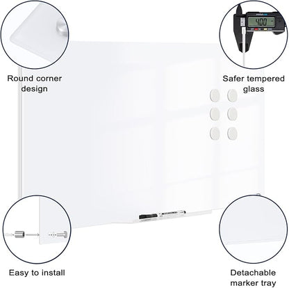 Magnetic Glass Whiteboard, 4' x 3' Glass Dry Erase Board for Wall, 48" x 36" Large Frameless White Board with 1 Marker Tray and 3 Magnets for Office, Home, Classroom - Ultra White