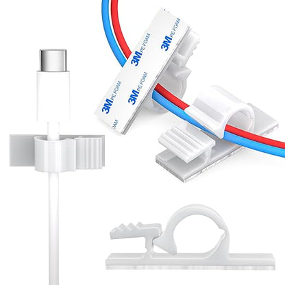 XHF 100pcs Adhesive Cable Wire Clips White, Outdoor Cable Management Wire Organizer Cord Holder for Under Desk, Car, Wall, TV PC Ethernet Cable