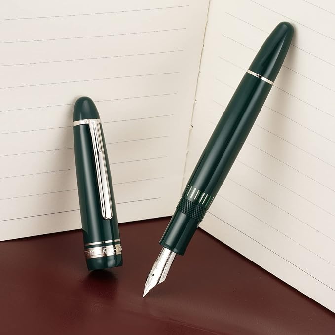 erofa Majohn P136 Piston Fountain Pen 1.1mm Stub Nib with Box, Green Resin Writing Gift Pen Set