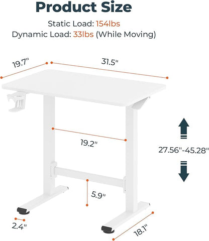 FitStand Small Small Pneumatic Adjustable Stand Up Desk, Rolling One-Piece Standing Desk 31.5 x 19.7 Inch, Home Office Desk Computer Workstation, White