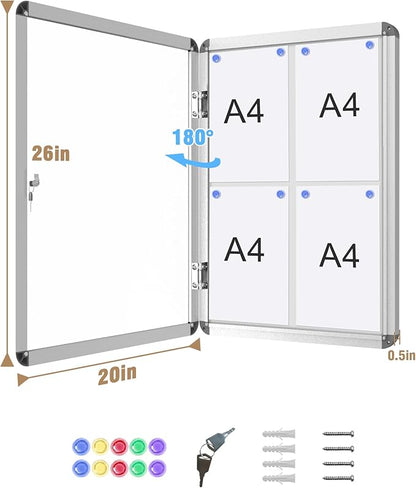 Mifuro 26"x20" Enclosed Bulletin Board, Lockable Weather-Resistant Aluminum Noticeboard for School & Office, Silver Frame w/Magentic Whiteboard