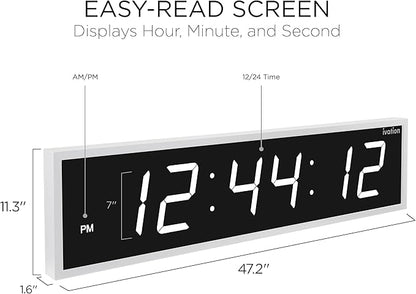 Ivation Huge Oversized 48" Large Digital LED Clock | Big Digital Clock w/Multi-Function Display – Stopwatch, Timer, Alarms, Temp & Date | 6 Brightness Levels, Time Memory & Remote (White)