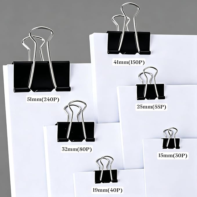 Temiary Binder Clips, Medium Metal Binder Paper Clip Black 0.98Inch, 48 Pcs | Paper Clamps with Clear Storage Container, Binding Paperwork Clamps for School Teachers Office Supplies