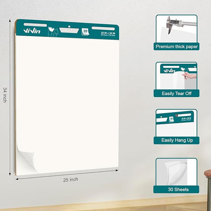 ViVin Super Sticky Easel Pad, 25 x 30 Inches Flip Chart Paper for Teachers, Large Self Stick Easel Paper, Teacher Anchor Chart, 30 Sheets/Pad, 8 Pads/Pack