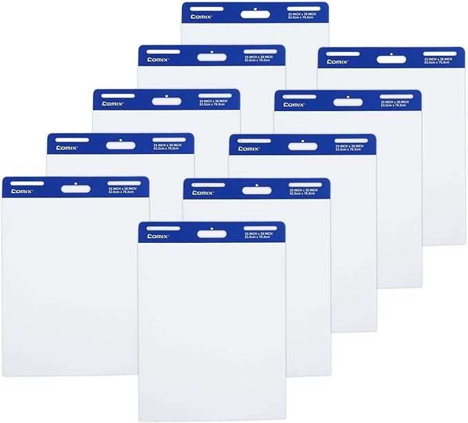 Comix Sticky Easel Pad, 25 x 30 Inches Flip Chart Paper for Teachers, Large Self Stick Easel Paper for Office School Classroom Supplies, 30 Sheets/Pad, 10 Pads/Pack