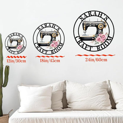 Custom Sewing Machine Metal Sign, Personalized Name Flowers Sewing Sign for Sewing Room Craft Room Decor Sign Sewing Metal Wall Art, Customized Sewing Family Name Sign for Mom Grandma
