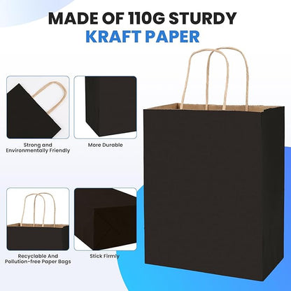 XPCARE 200Pack Paper Bags 8x4.5x10 Inch, Plain Medium Paper Bags with Handles Bulk, Kraft Paper Gift Bag, Retail, Party, Shopping, Favor Bag(Black)
