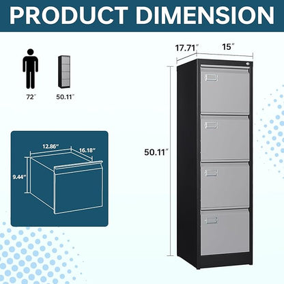MIIIKO 4 Drawer File Cabinet, Metal Vertical Filing Cabinets with Lock, Home Office File Folders Storage Cabinet for Letter Legal A4 File Size