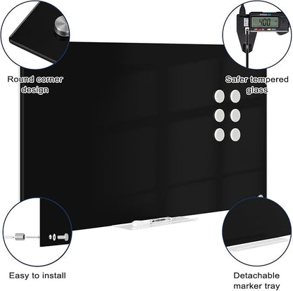 Black Dry Erase Board, 24" x 18" Magnetic Glass Whiteboard for Wall, Black Glass White Board with 1 Marker Tray and 3 Magnets for Office, Home, Classroom