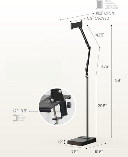 2-in-1 Tablet Floor Stand with tablet stand for desk – Stable 8lb Base with Stretchable Arm for Bed, Couch, or Desk Compatible with iPads, Galaxy Tabs, Surface Pro, Phones & E-Readers (4.7"–12.9")